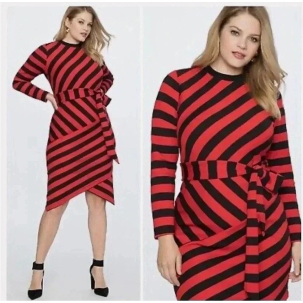 Eloquii Knit Midi Dress Women 18 Red Navy Blue Striped Asymmetrical Tie Waist